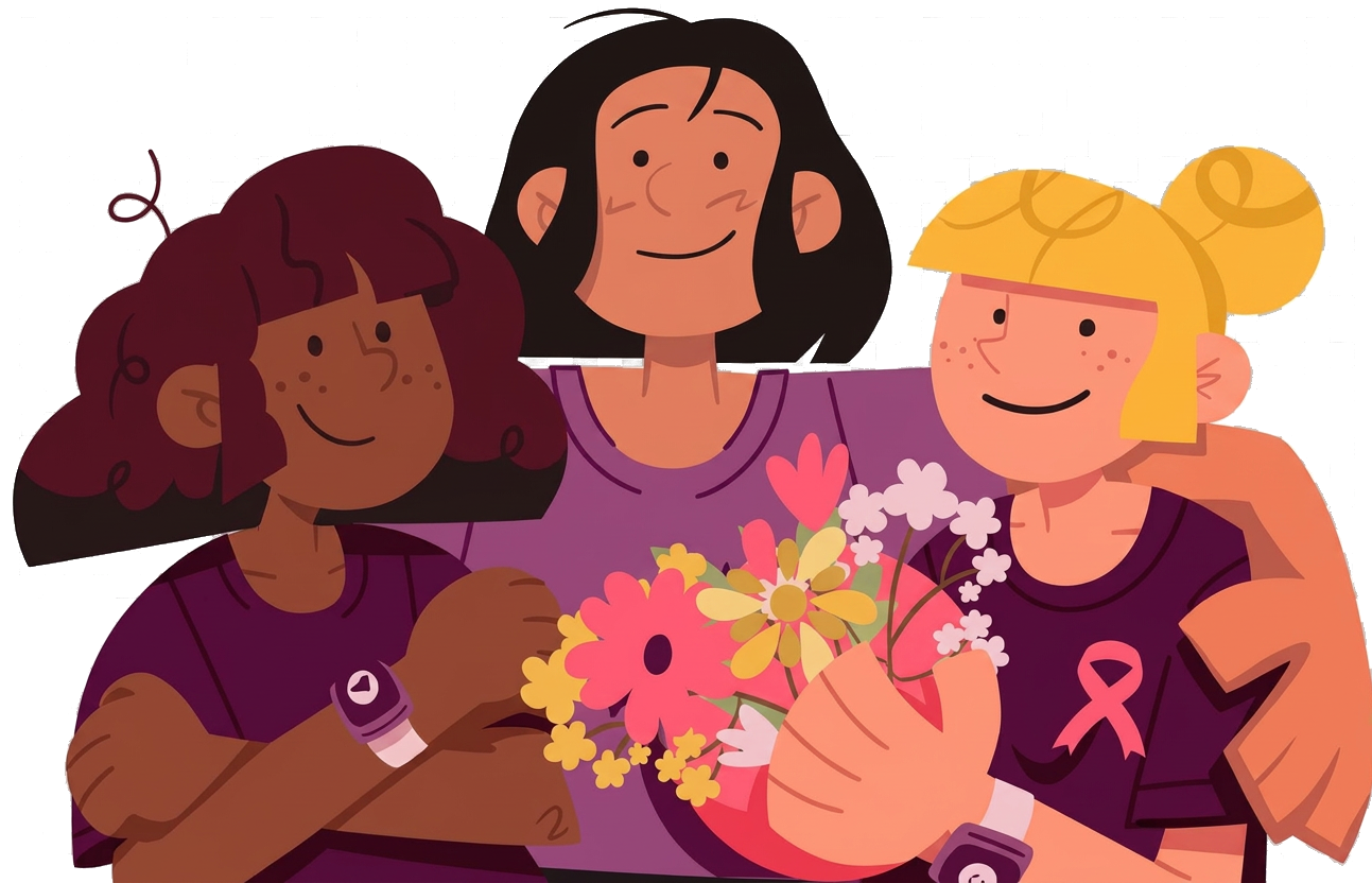 Trois femmes solidaires, l'une portant un ruban rose
